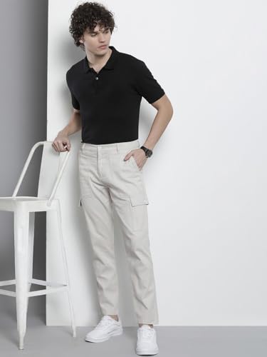 Image of The Indian Garage Co Men Slim Fit Solid Mid-Rise Cargos