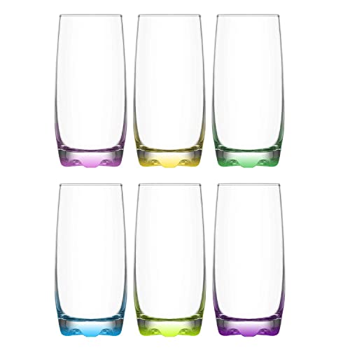 Highball Tumbler Drinking Glasses with Coloured Base Design - 240ml Capacity - Set of 6 Glasses