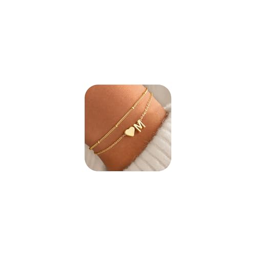 M MOOHAM Initial Heart Bracelets for Women - Layered Dainty 14K-Gold-Plated Heart Letter A-Z Charm Bracelets for Women, Chain Link Charm Bracelets Beaded Bracelets Birthday Gifts Womens Jewelry