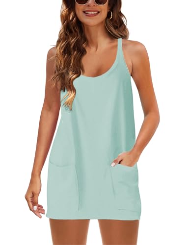 Image of Lianlive Women Athletic Mini Dresses Built-in Shorts Set Summer Sleeveless Sundress Hot Shot Mini Dress