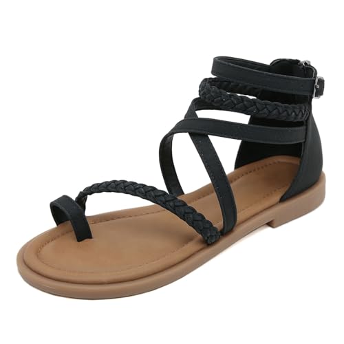 Women'S Roman Flat Sandals Comfortable Open Toe Gladiator Sandals Convenient Back Zip Sandals