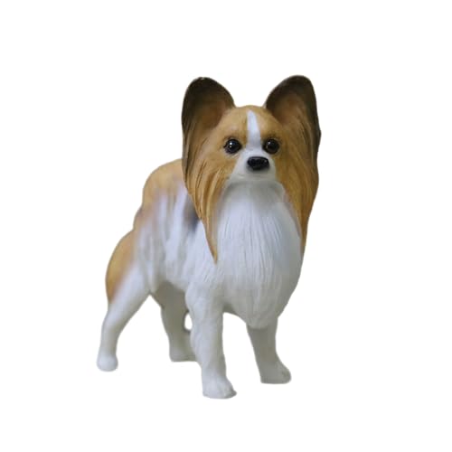 Realistische kleine Papillon-Figur aus Kunstharz, Geschenke, Hunde-Gedenkfiguren, Auto-Dekoration, Sammler-Hundestatue, Skulptur, Geschenke für Papillon-Liebhaber (braun-weiß, L: 6,2 cm x B 3,5 cm x H