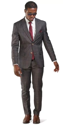 Slim Fit Suit 2 Button Peak Lapel Windowpane Plaid Vest Optional 350712