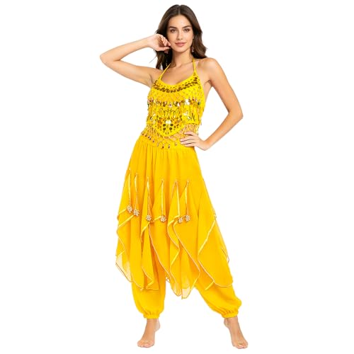 Baisdan Costume de danse orientale 2 pièces avec haut court à paillettes et pantalon pour costume...