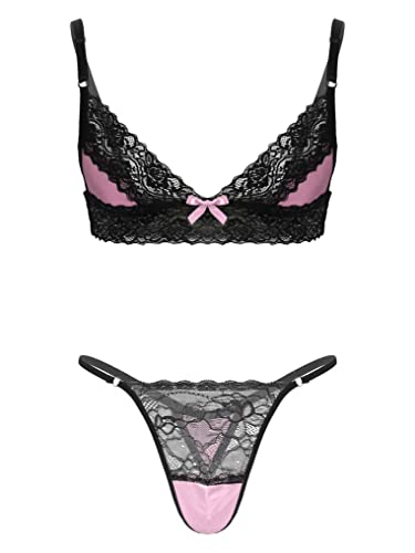 Men's Sissy Satin Lace Trim Lingerie Set Wireless Bra Top Mini Crossdress Thong Nightwear