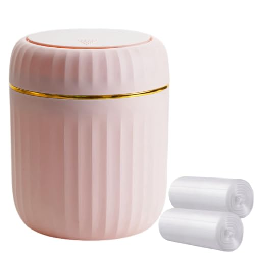 Cubo de basura de escritorio, con tapa tipo prensa, mini cubo de escritorio, pequeño cubo de basura de plástico para baño, oficina, tocador, cocina, con 60 hojas de bolsas de basura (rosa)
