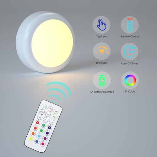 SEMSMOKS Puck Lights with Remote Control, Battery Operated LED Push Light Wireless, 13 Color RGB - for Closet, Bedroom Wall, Under Cabinet, Battery Powered Puck Lights. Convenient 3M Stick On, 6 Pack
