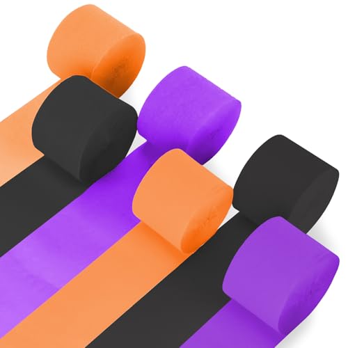 MAQIHAN Halloween Streamers - 6 Rolls 492ft Purple Black and Orange Crepe Paper Streamers for Halloween Birthday Party Sport Gothic Horror Fantasy Themed Parties Backdrop Curtain Decorations Craft DIY