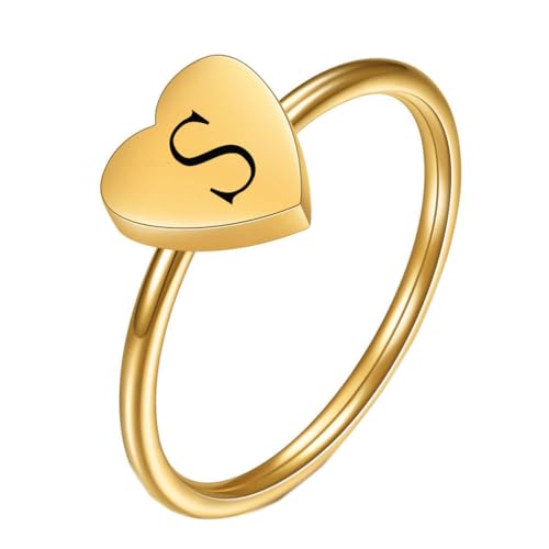 Women's Stainless Steel Simple 7mm Peach Heart Alphabet A to Z Initial Rings Wedding Engagement Statement Jewelry