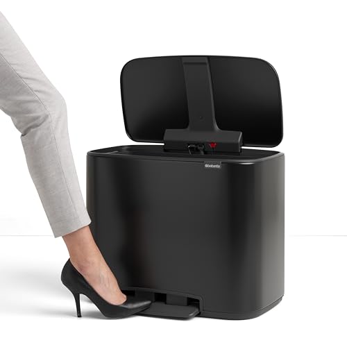 Image of Brabantia Bo Step-On Kitchen Trash Can with Single Compartment | Matt Black | 9.5 Gal Inner Bucket | Soft-Close Garbage Can, Light Pedal Operation, Stay-Open Lid | Fits Against Wall | + Trash Bags