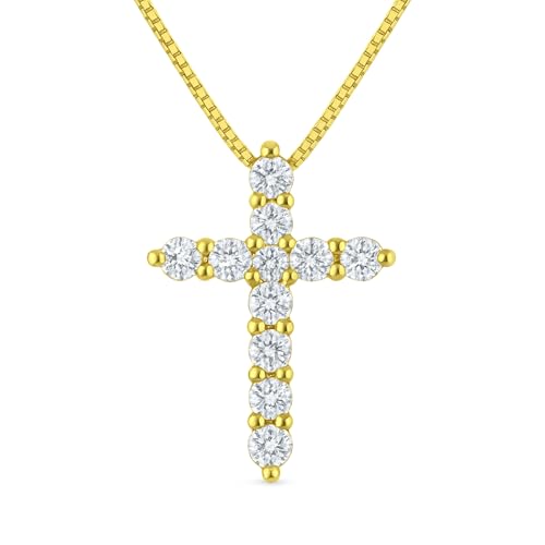 1/4 Carat Natural Diamond Cross Necklace for Women 14K Gold - Small 1/2 Inch Cross Adjustable 14K Gold Box Chain