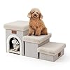 Dog Stairs for Small Dogs with Storage and Condo, 14″ H Foldable Pet Stairs for Small Medium or Puppy Dogs and Older Cats, Dog Steps for Bed or Couch, 13x27x14 inch, 3 Tiers, Beige