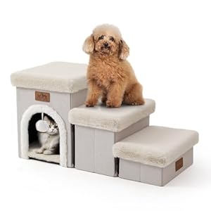 Dog Stairs for Small Dogs with Storage and Condo, 14″ H Foldable Pet Stairs for Small Medium or Puppy Dogs and Older Cats, Dog Steps for Bed or Couch, 13x27x14 inch, 3 Tiers, Beige