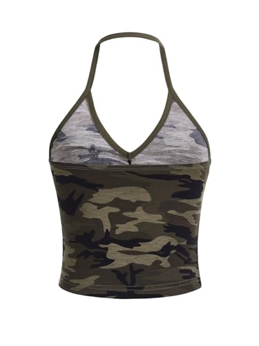 COZYEASE Women's Camo Print V Neck Sleeveless Crop Tops Casual Ruched Backless Halter Tops2