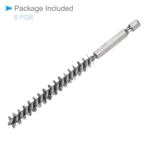 Image of Bore Brush, 9mm Dia 4.5 inch Length, Stainless Steel Cleaning Wire Brushes with 1 /4 Inch Hex Shank - (Applications: for Power Drill, Die Grinder), 5-Pieces