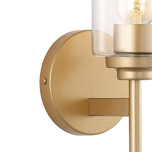 Image of JONATHAN Y 13 inch Brass Gold /Clear Industrial Farmhouse LED Wall Sconce, with Clear Glass Cylinder Shade, 1-Light Iron Vanity Light for Bathroom Mirror Hallway Bedroom (JYL9547B)