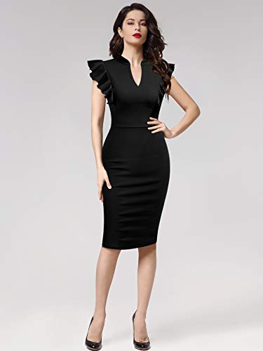 Image of Knitee Women's Vintage Ruffle Sleeve V-Neck Bodycon Evening Party Cocktail Pencil Sheath Dress
