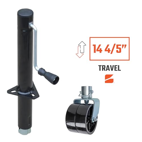 Image of Bastion Distribution Side-Wind A-Frame Trailer Jack with Footpad & Double Caster Wheels | 5000lb Jack Capacity | 2000lb Wheel Capacity | Manual Crank | 14.8 inch Travel | Utility, Boat, RV, Camper Use