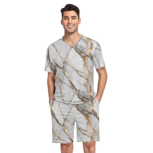 Marble Print Men’s Pajama Sets Short Sleeve Lounge Wear with Elastic Waistband and Drawstring