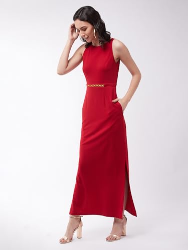 Image of Miss Chase Women's Comfortable Round Neck Sleeveless Striped Midi Bodycon Dress with Zipper