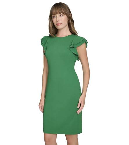 Image of Tommy Hilfiger Women's Sleeveless Ruffle Hem Jewel Neck Crepe Sheath Mini Dress