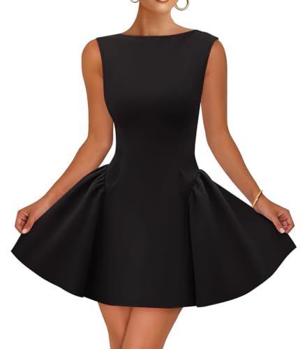 ZESICA Women's 2025 Summer Sleeveless Cocktail Mini Dress Boat Neck Backless Swing A Line Wedding Club Party Short Dresses