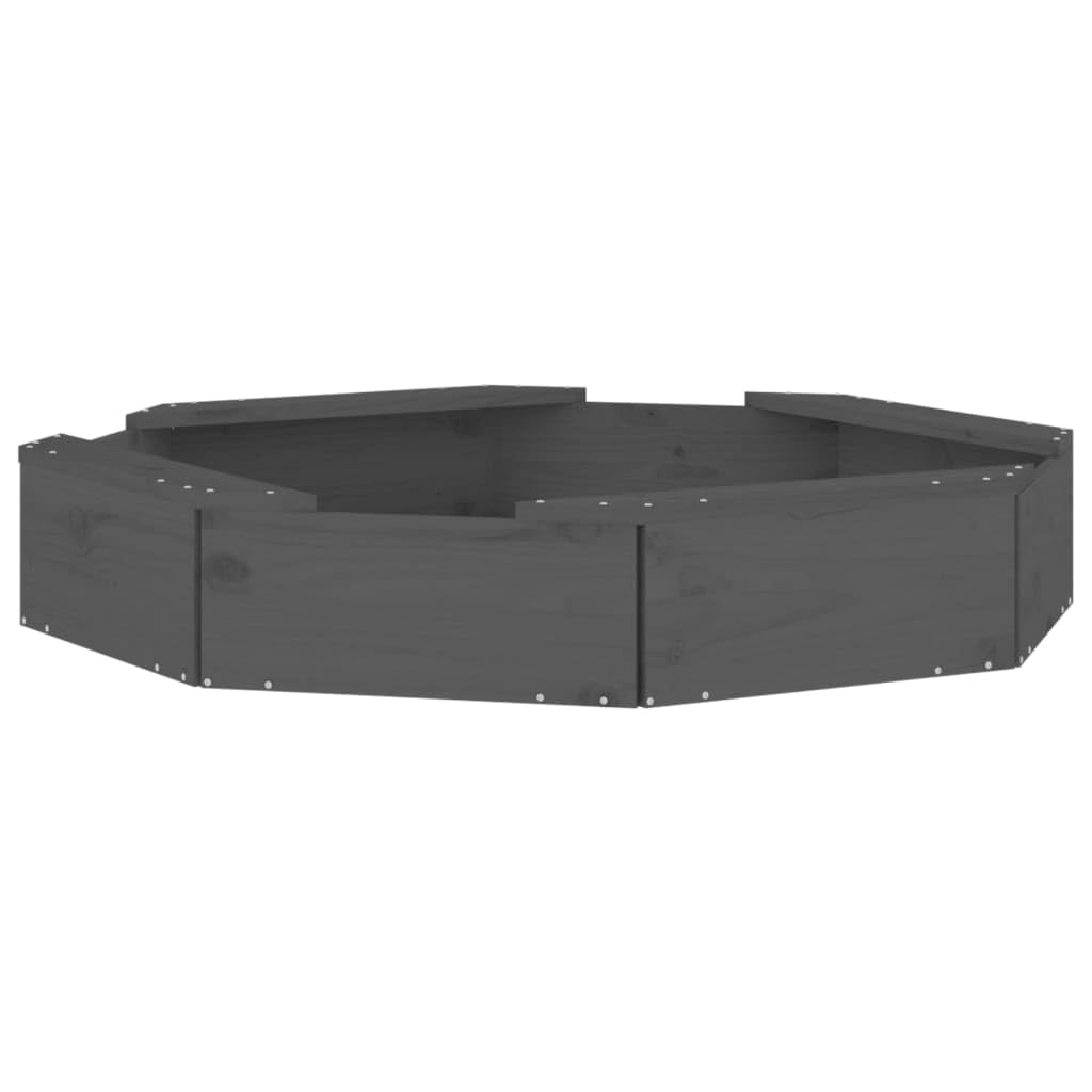 Grauer Sandkasten mit Sitzen aus massivem Kiefernholz achteckig 111 x 111 x 20 cm für 2 Kinder, bodenlos, Außenbereich für Garten, Terrasse, Hof und Balkon