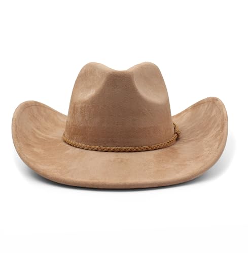Image of Western Cowboy Hat for Women Men Classic Fedora Hats Wide Brim Suede Cowboy Hat for Women with Buckle Belt