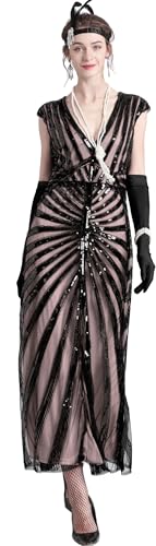 Image of Women Evening Maxi Long Dress 1920s Sequin Mermaid Hem Wedding Prom Gown Costume w / 20s Gatsby Accessories Set