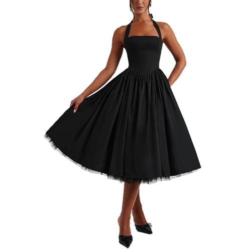 Women Summer Halter Dress Low Cut Sleeveless A Line Tulle Swing Flowy Tea Length Dress Corset Prom Formal Ball Gowns (Black, Small)