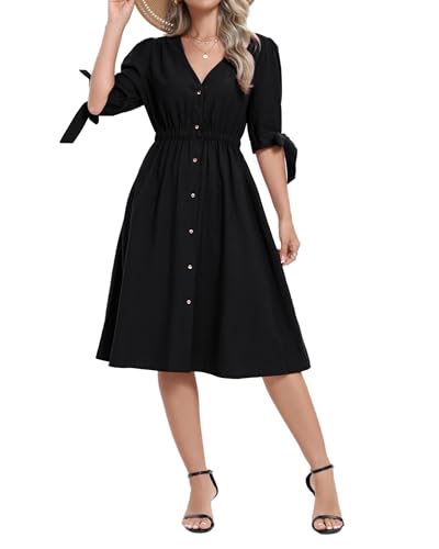 Image of Women Linen Rayon Blend Midi V Neck Button Front Elastic Waist Puff Sleeve Tie Casual Summer Dress
