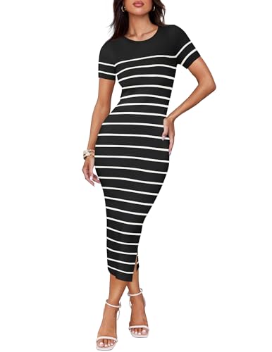 ZESICA Women's 2026 Summer Bodycon Midi Dress Striped Short Sleeve Ribbed Knit Slim Fit Side Slit Vacation Long Dresses