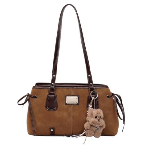 Sac en cuir PU vintage avec pendentif peluche doux et grand volume