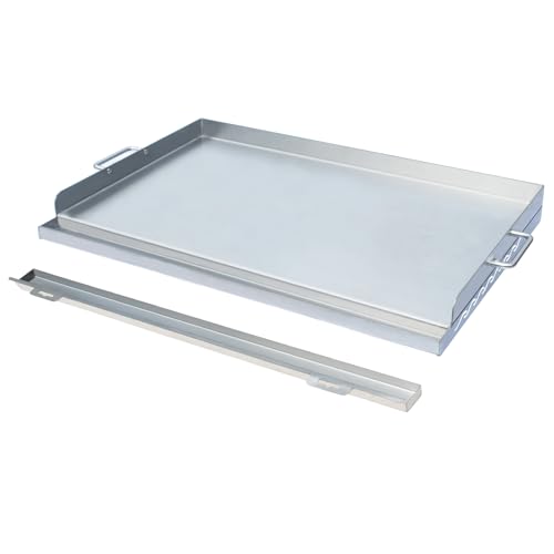Stainless Steel Grill Griddle with Removable Grease Tray, Flat Top Plate with 2 Removable Handles with Even Heating Cross Bracing for Gas/Charcoal Grill, Tailgating, Camping and Parties, 23