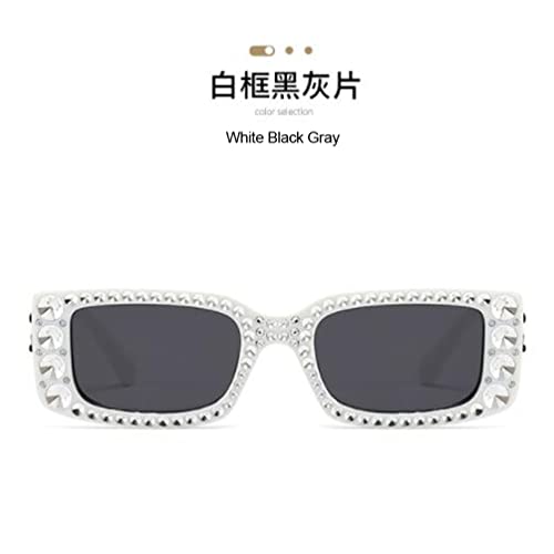 Sparkling Crystal Sunglasses Square Plated Fake Diamond X Wide Leg Sunglasses UV Resistant Outdoor Sports Sunglasses (White Frame Black Grey Flakes)4