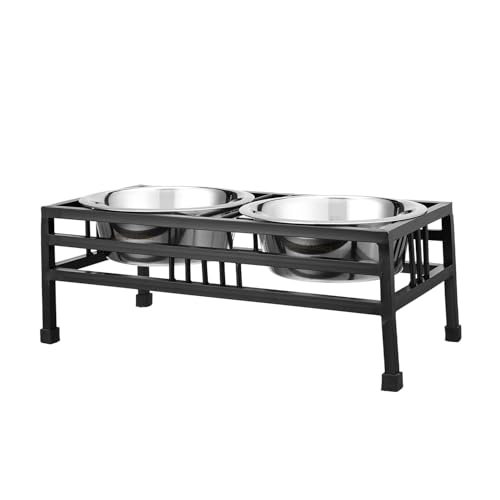 Image of amazon basics, Pet Feeder | Stainless Steel Food & Water Bowls with Iron Stand | Dog Bowls | Elevated Double Diner with Stand | Medium Size (900 ml x 2 Bowl) (Black)