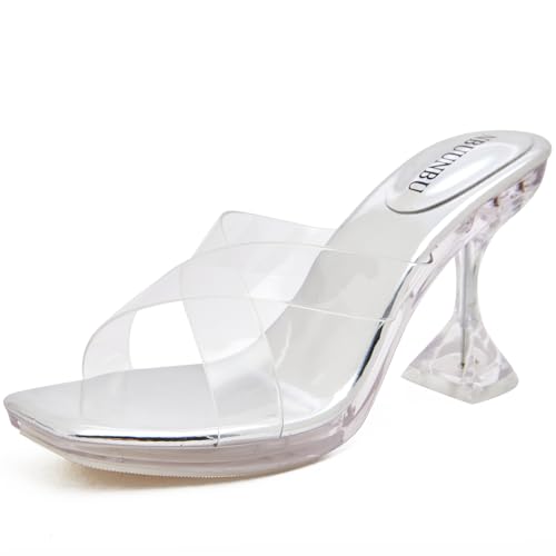 NBUUNBU Clear Kitten Heels for Women Sexy Transparent Cross Straps Cinderella Shoes Little Platform High Heel Comfortable Stilletos Square Toe Sandals Pump Mules