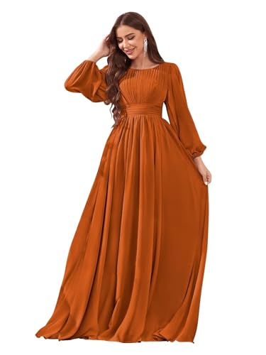 Long Sleeve Chiffon Bridesmaid Dresses for Women Long Ruched Empire Waist Wedding Formal Evening Gown