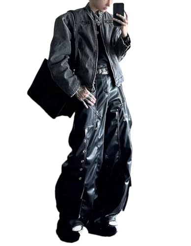 Men's PU Leather Pants Rivets Wide Leg Punk Style Streetwear Casual Trousers