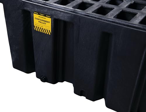 Image of Eagle 2 Drum Spill Containment Pallet with Drain and Forklift Pockets, 51.5 inchx26.25 inchx13.75 inch, 66 Gallon Sump, 4,000 lbs. Load Capacity Secondary Containment Pallet, Made in USA, Black, 1620B