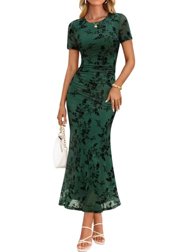 ZESICA Womens 2026 Summer Floral Short Sleeve Bodycon Long Dress Ruched Mesh Formal Cocktail Party Wedding Guest Maxi Dresses Green Medium