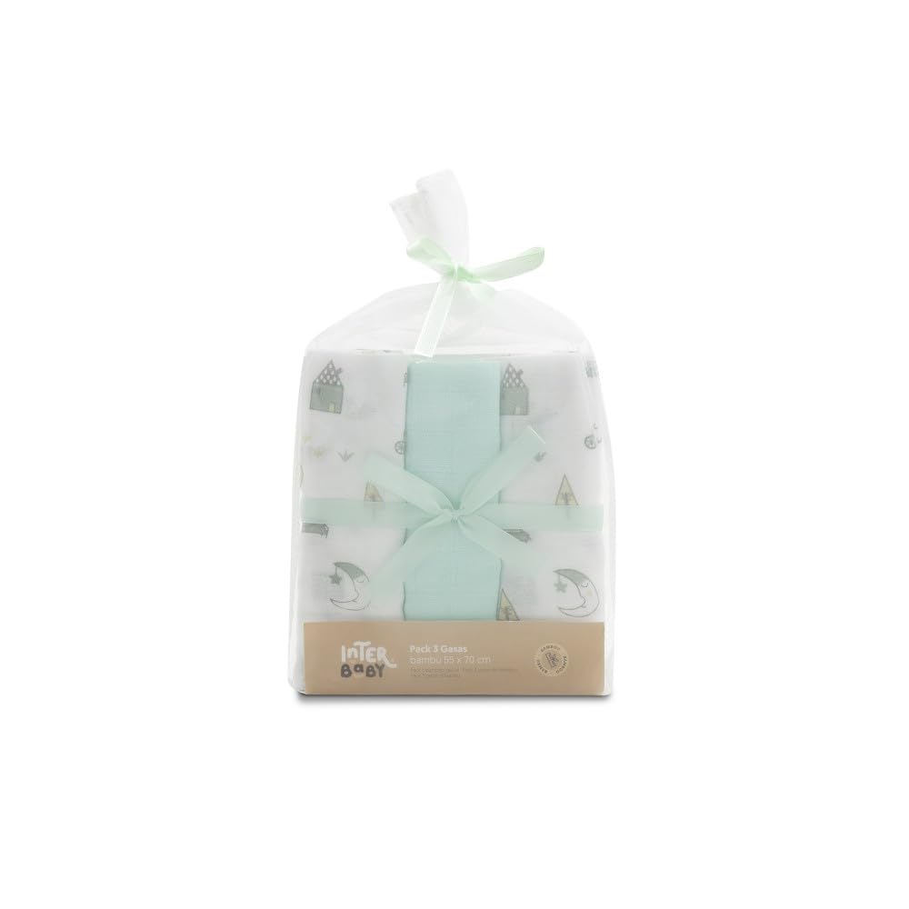 INTERBABY Set di 3 Mussole di Bambù MOON menta 55x70 cm per neonati