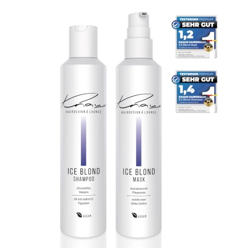 Knaus ICE BLOND Set – Anti-Gelbstich Shampoo & Maske | Für blondes, blondiertes, weißes & graues Haar | Neutralisiert Gelbstich, kühler Glanz, intensive Pflege & Farbauffrischung Salonqualität