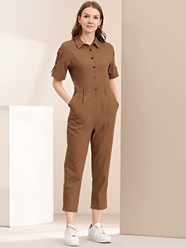Allegra K Women's Short Sleeve Collared Cropped Coverall Button Down Tie Waist Cotton Cargo Jumpsuit Small Brown #TOP3