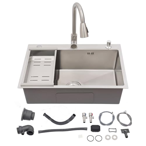Fregadero de acero inoxidable 68 x 45 cm, fregadero con grifo extraíble y dispensador de jabón, fregadero de cocina 1 seno, fregadero empotrado, lavabo de cocina con sifón y rebosadero (plata)
