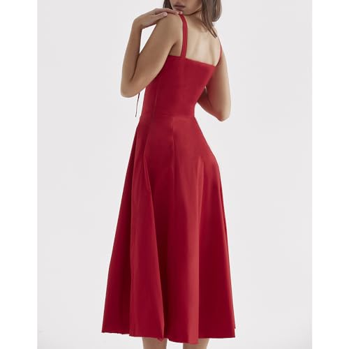 Addcean Women Bustier Corset Dress Summer Midi Dress Spaghetti Straps Square Neck Boho Flowy Slit A Line Casual Sundress Red - Thumbnail 3