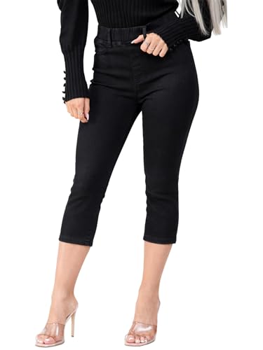 Image of 989Zé ENZO Womens Jeans Cropped Casual Cotton Skinny Fit Stretch Leggings Elasticated Waist Denim Trouser Summer Pants EZL688_Jeans Black 16