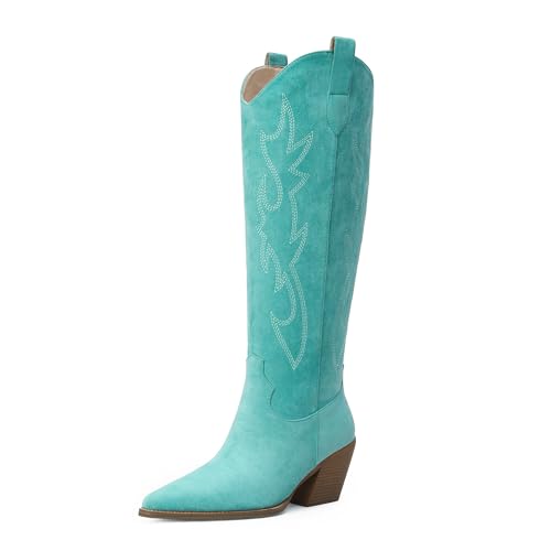 Image of iiimmu Cowgirl Boots Women Knee High Boots Pointed Toe and Block Heel Cowboy Suede and Faux Leather Boots with Embroidered