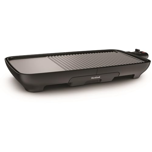 Tefal Tischgrill Malaga, Elektrogrill, regelbarer Thermostat, antihaftbeschichtete Grillplatte, 2/3 Grill, 1/3 Teppanyaki, abnehmbares Kabel, Platte und Abtropfschale spülmaschinenfest, 2000W, TG3918