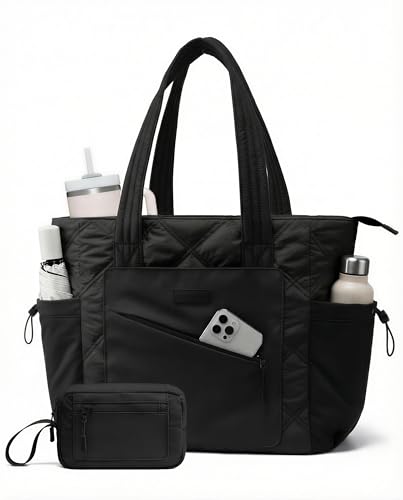 LOVEVOOK Shopper Tasche Damen Groß, Arbeitstasche Leicht Handtasche Puffer Tote Work Bag 15,6 Zoll Laptoptasche Schultasche, Bürotasche Lehrertasche Handbags Women für Uni Business Reisen, Schwarz